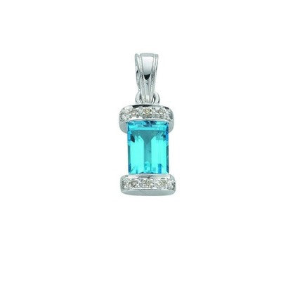 Emerald Cut Blue Topaz Pendant with Sparkling Natural Diamonds White Gold 18"