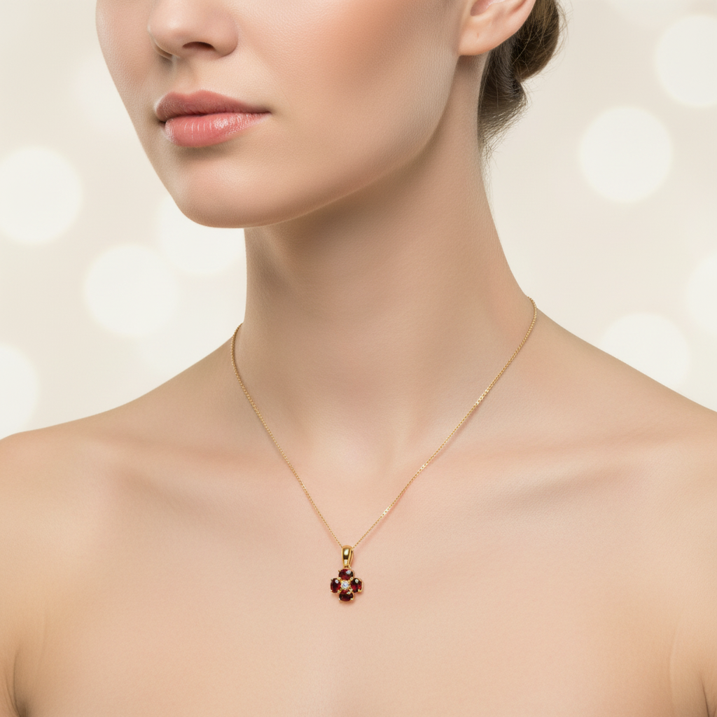 Garnet and Diamond Pendant 9ct Yellow Gold 16 - 18 " Chain