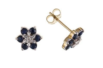 Sapphire and Diamond Earrings Yellow Gold Cluster Stud Natural Stones Hallmarked