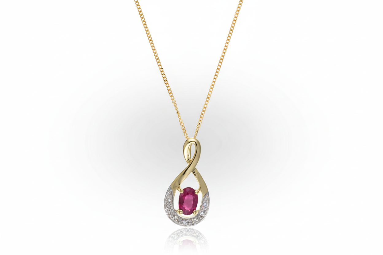 Ruby and Diamond Pendant 9ct Yellow Gold Infinity Twist Necklace 16 - 18" Chain