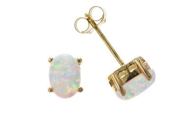 9ct Gold Opal Solitaire Earrings Oval Studs Yellow Gold October Birthstone