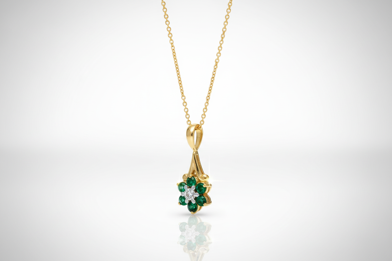 Emerald and Diamond Pendant 9ct Yellow Gold Cluster Necklace 16-18" Real Stone