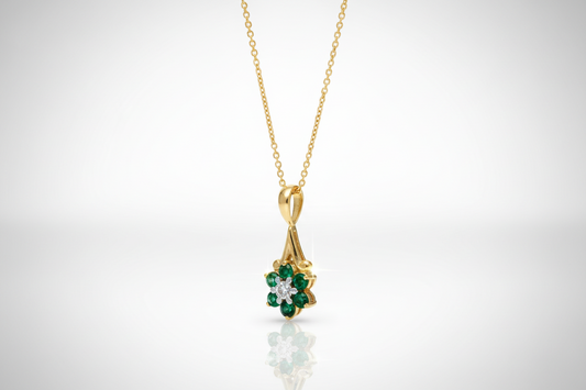 Emerald and Diamond Pendant 9ct Yellow Gold Cluster Necklace 16-18" Real Stone