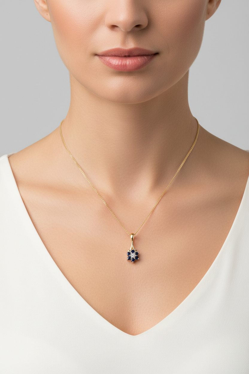 Sapphire and Diamond Pendant 9ct Yellow Gold Cluster 16 - 18" Chain Real Stones