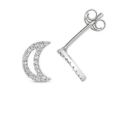 Diamond Crescent Moon Stud Earrings 9ct White Gold Real Diamonds