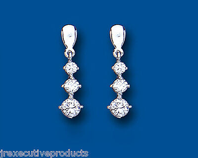 9ct White Gold Drop Earrings Trilogy Three Stone Drops Hallmarked British Made