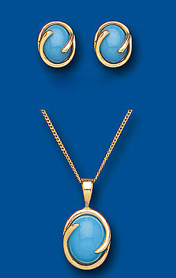 Gold Turquoise Pendant and Earrings Set Solid Yellow Gold Hallmarked