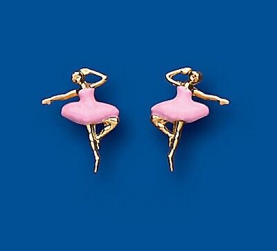 Yellow Gold Ballerina Stud Earrings Pin Enamel Detail Solid 9 Carat Dancing Girl
