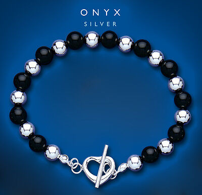 Real Onyx Beaded T Bar Bracelet Solid Sterling Silver Heart Fastening Hallmarked