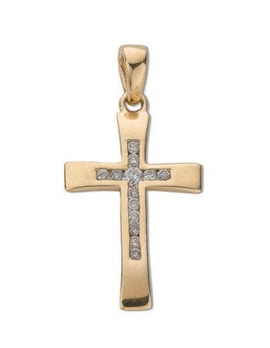 9ct Yellow Gold 0.10ct Diamond Cross Pendant Hallmarked Channel set Diamonds