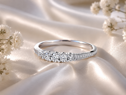 Elegant Five Stone Ring in Solid Sterling Silver with Pavé Accents