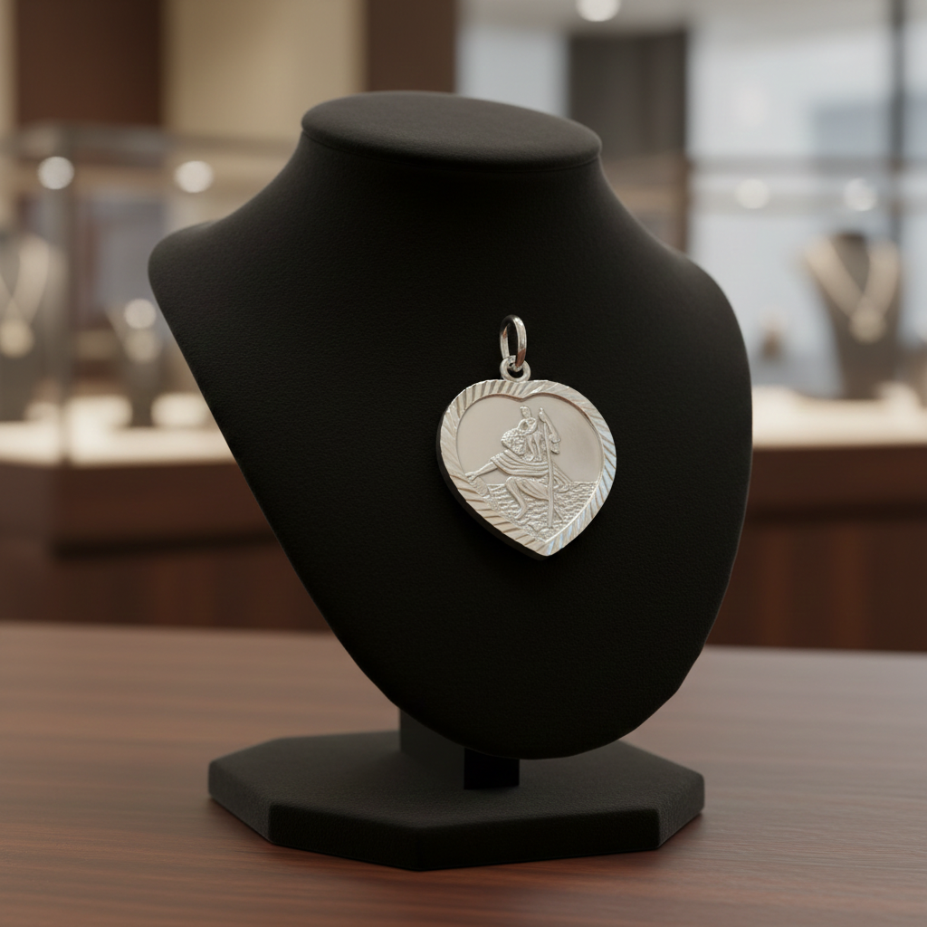 Sterling Silver Heart St Christopher Religious Medal 925 Hallmark