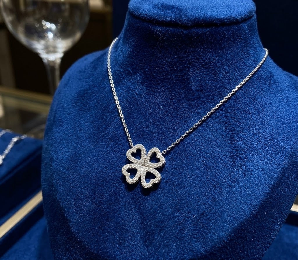 Diamond Four Leaf Clover Pendant Necklace 9ct White Gold Lucky Charm Heart 18"