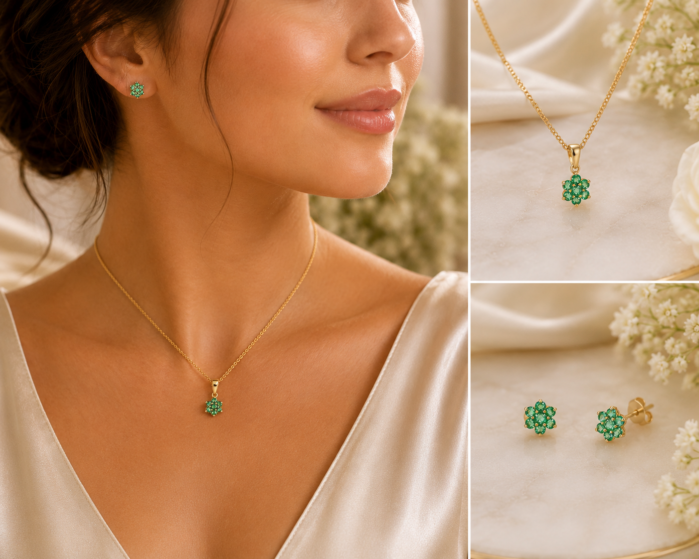 Natural Emerald Jewellery Set Yellow Gold Pendant Necklace & Stud Earrings