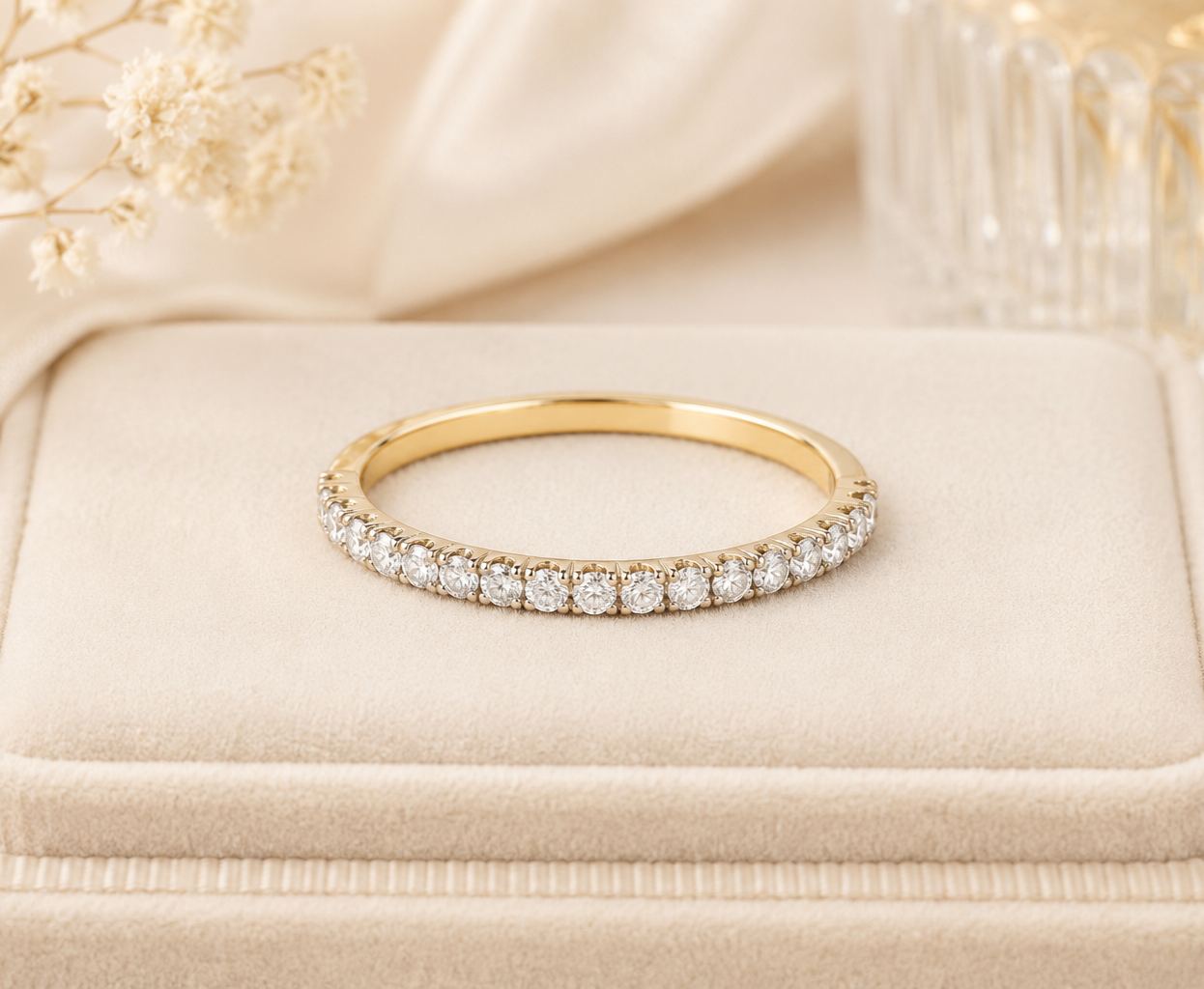 18ct Gold Half Eternity Ring Pavé Wedding Band on Solid Sterling Silver