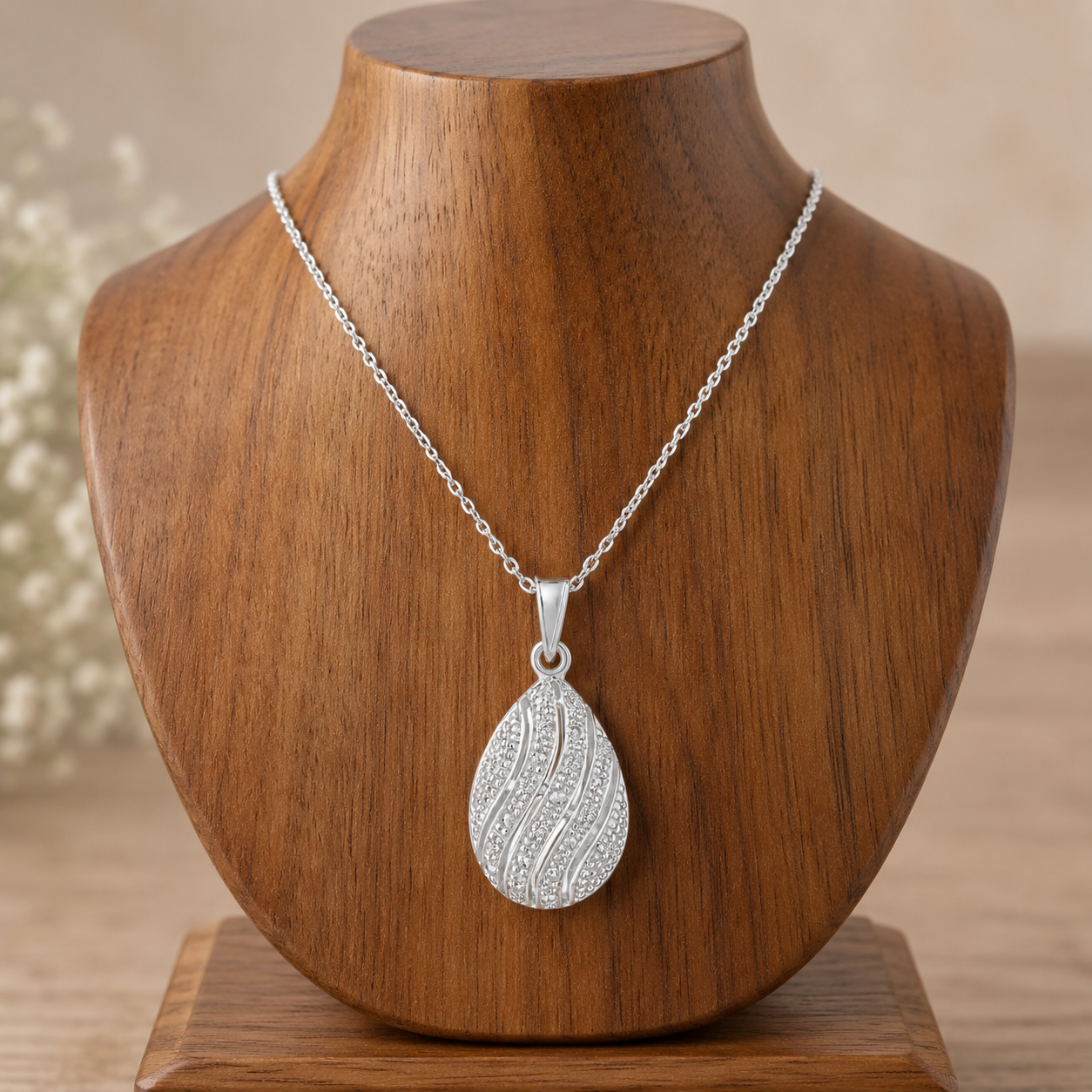 Natural Diamond Pear Pendant 9ct White Gold 18" Chain Hallmark British Made