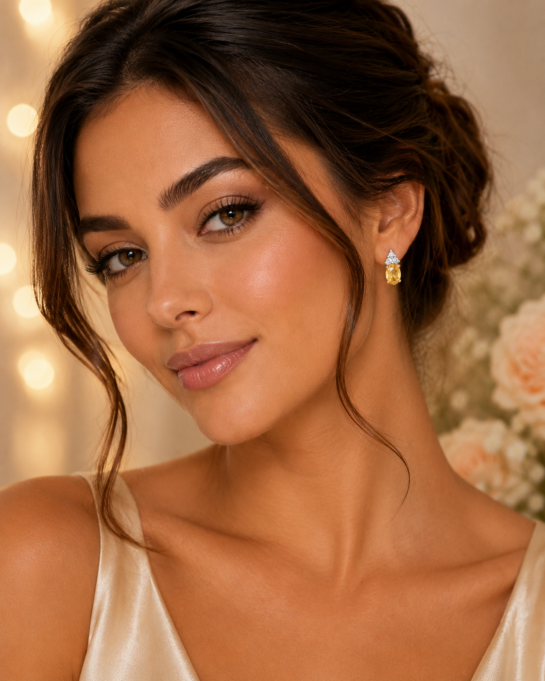 Yellow Gold Natural Citrine & Diamond Accent Oval Stud Earrings