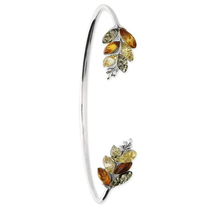 Mixed Amber Leaf Open Cuff Bangle Solid Sterling Silver 925