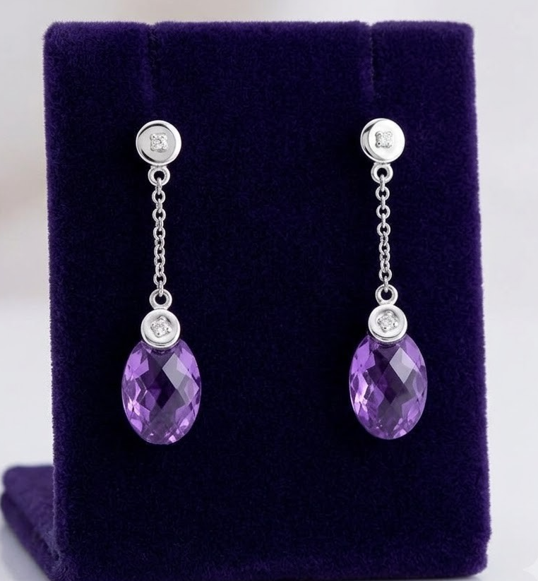 White Gold Amethyst Drop Earrings Diamond Accent Dangle Oval Gemstone Jewelry