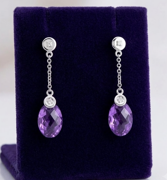 White Gold Amethyst Drop Earrings Diamond Accent Dangle Oval Gemstone Jewelry