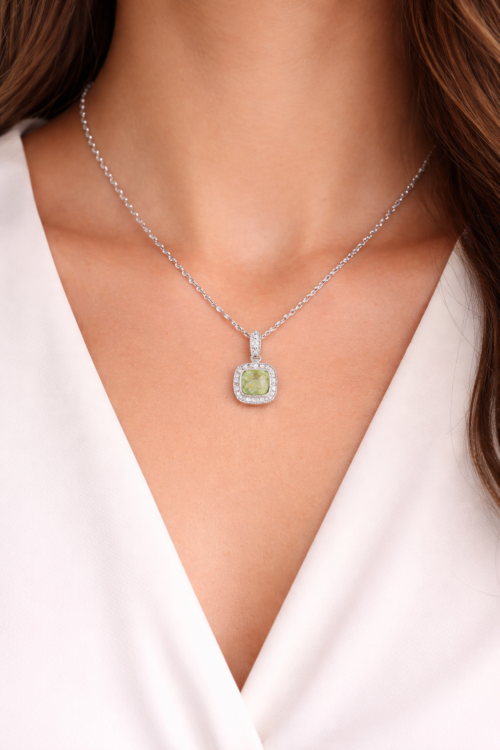 Natural Peridot Cushion Pendant With Diamonds 9ct White Gold 16" Length Chain
