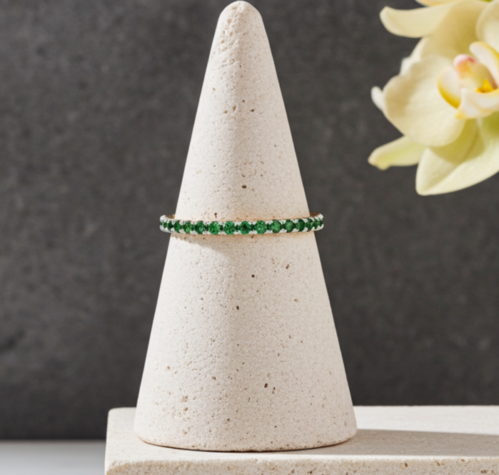 18ct Gold Emerald Full Eternity Ring on Solid Sterling Silver 925 Hallmark