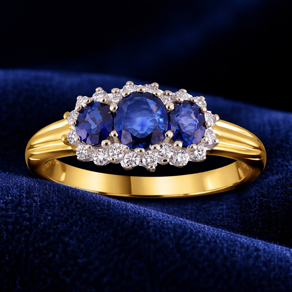 Sapphire and Diamond Trilogy Ring 9ct Yellow Gold Three Stone Engagement