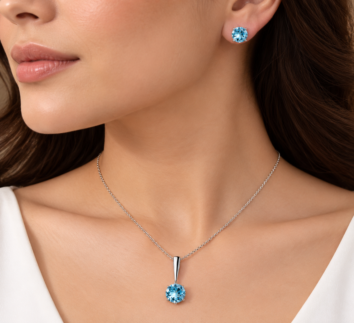 Real Blue Topaz Solitaire Matching Set Pendant Necklace Earrings Sterling Silver