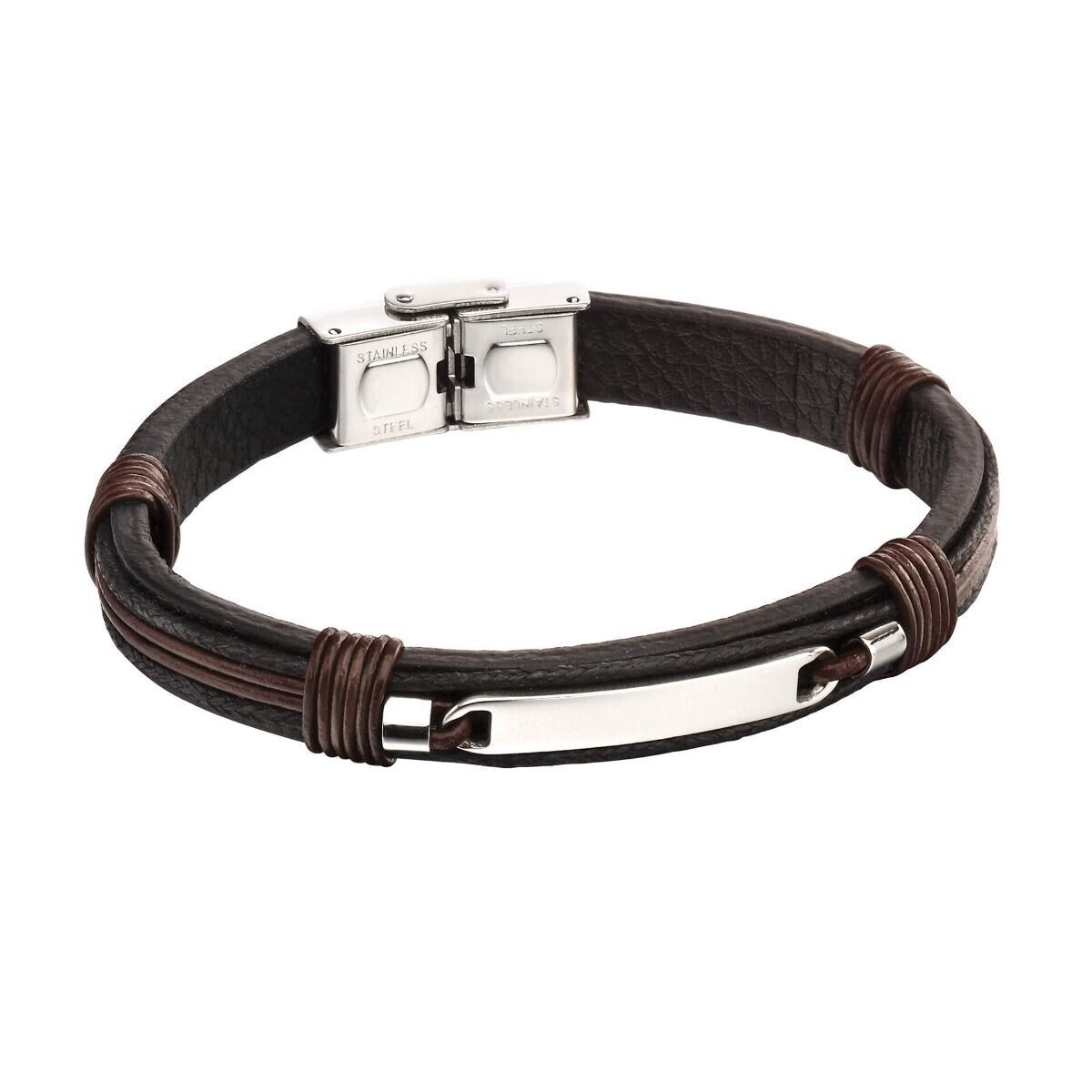 Fred Bennett ID Bar Black Leather Bracelet with Brown Cord 21.5cm Free Engraving
