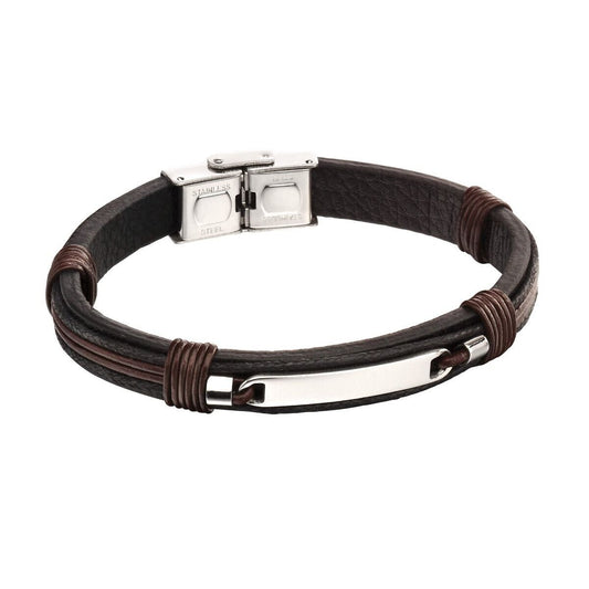 Fred Bennett ID Bar Black Leather Bracelet with Brown Cord 21.5cm Free Engraving