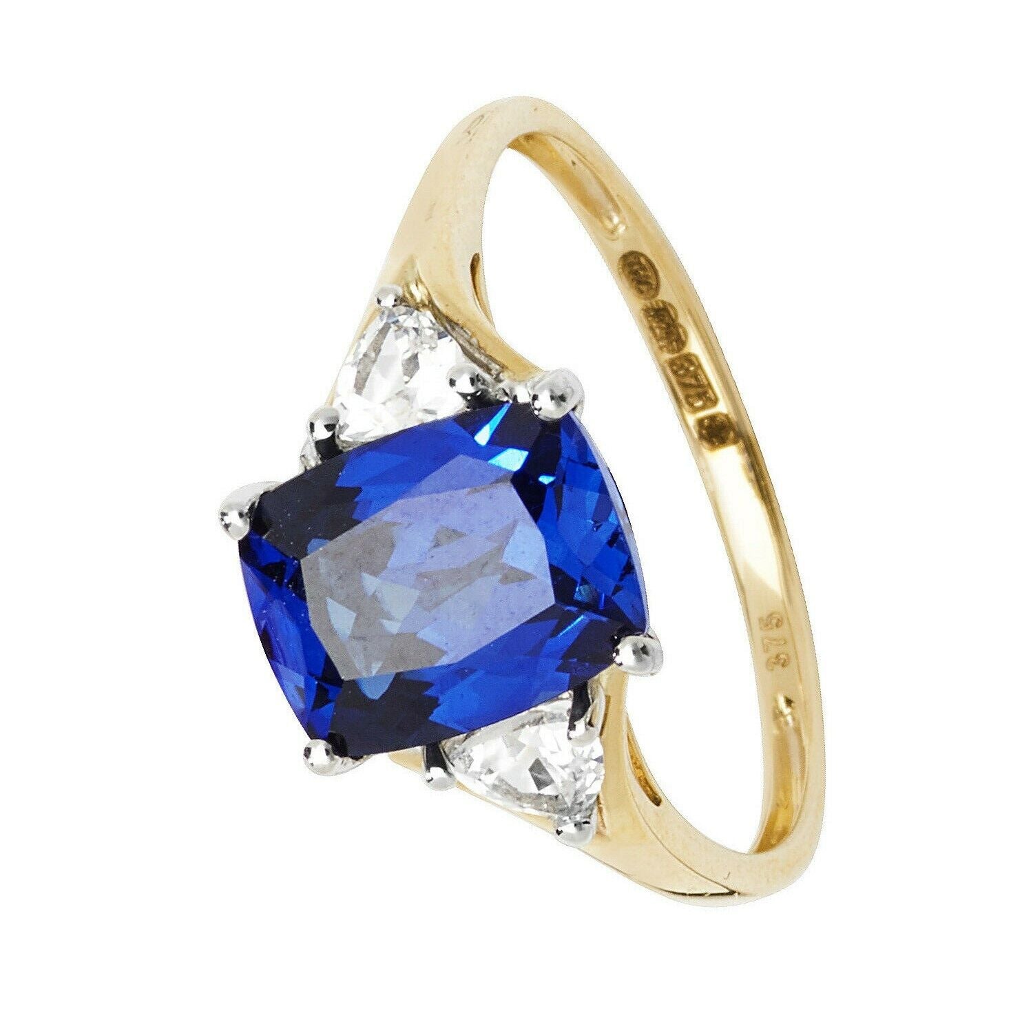 Yellow Gold Sapphire Ring Solitaire Cushion White Sapphire Trillion Hallmarked