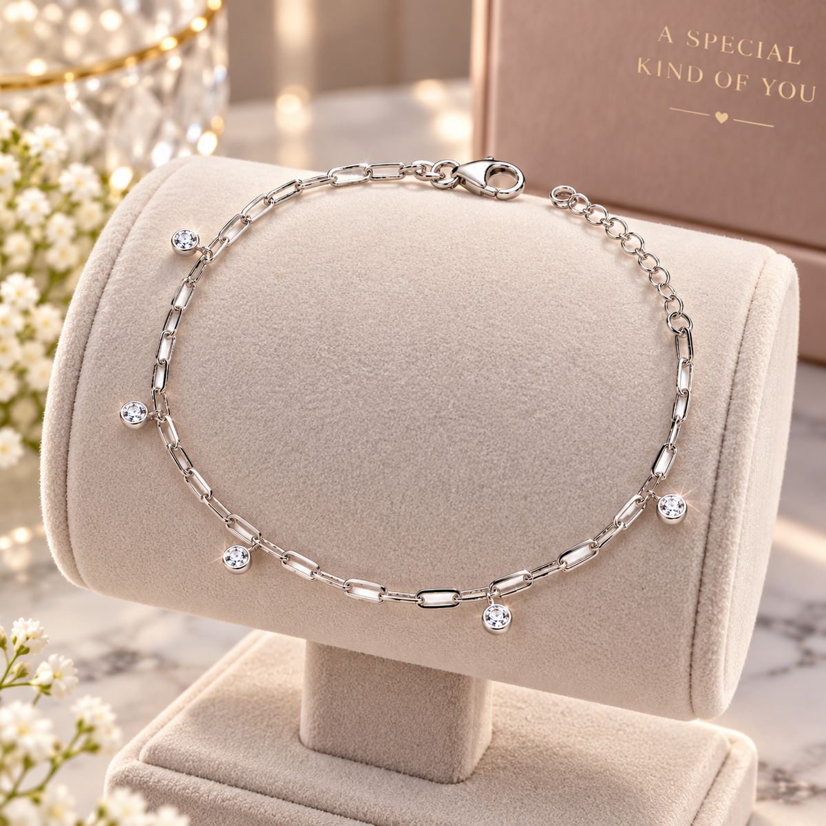 Sterling Silver Paperclip Chain Bracelet with Zircon Dangle Charms Lobster Clasp