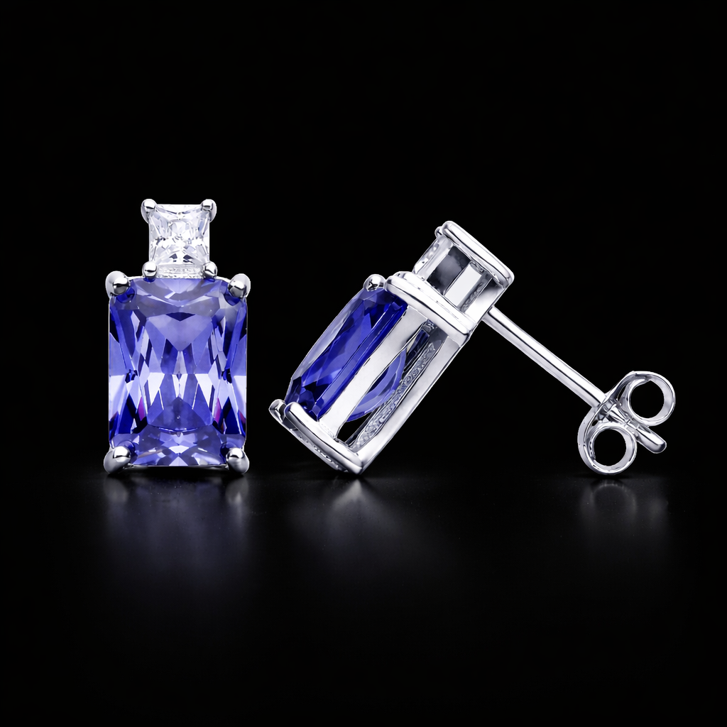Tanzanite Stud Earrings Solid Sterling Silver 925 Hallmark Rhodium Finish