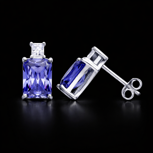 Tanzanite Stud Earrings Solid Sterling Silver 925 Hallmark Rhodium Finish