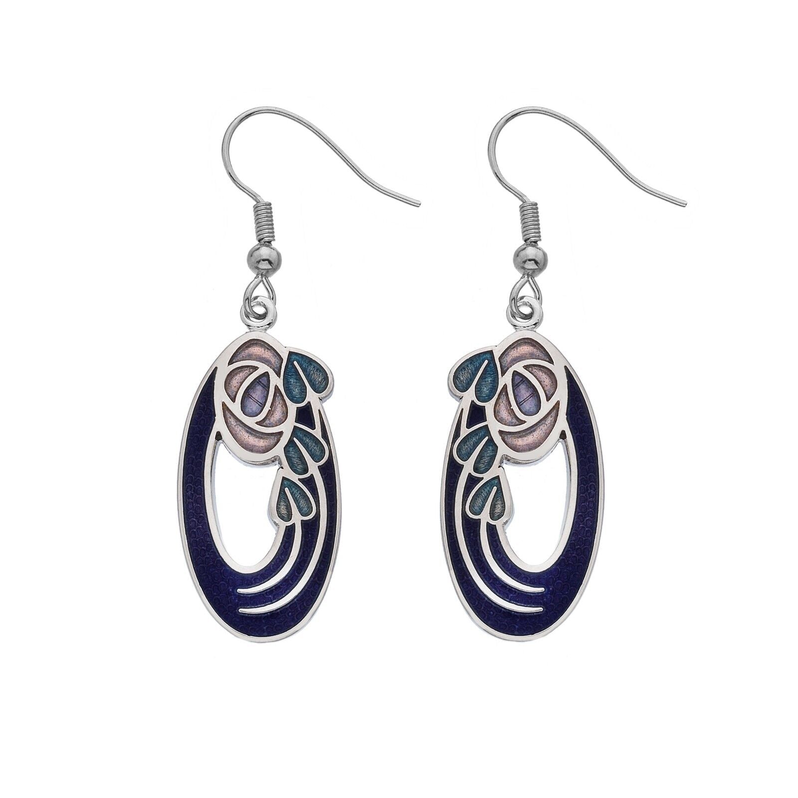 Mackintosh Rose and Leaf Drop Earrings Oval Silver Plated Branded Packaging