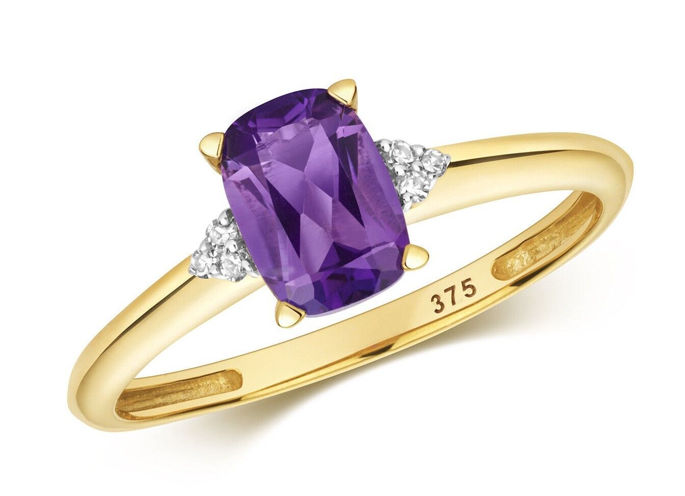 Real Amethyst and Diamond Ring Solid Yellow Gold Cushion Solitaire Size J - Q