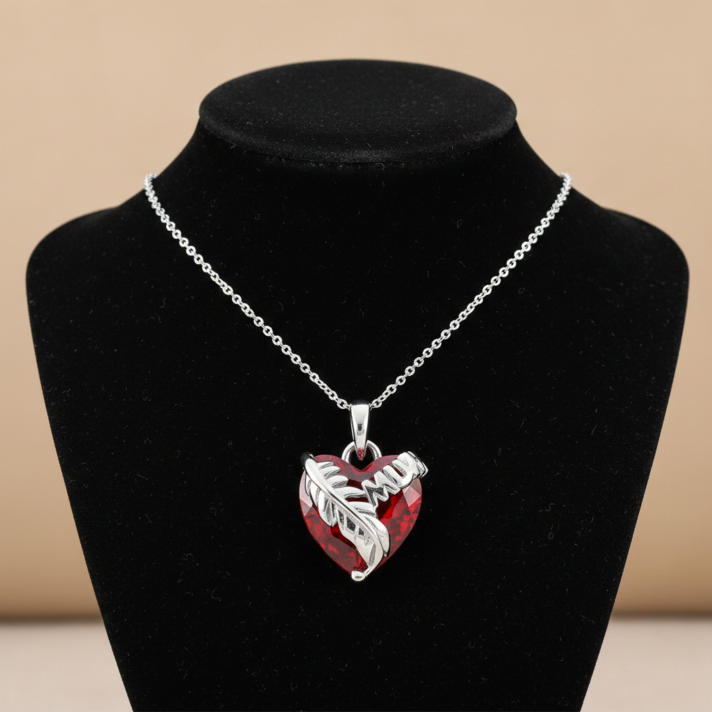 Red Crystal Mum Heart Pendant Solid Sterling Silver 925 Hallmark 18" Chain