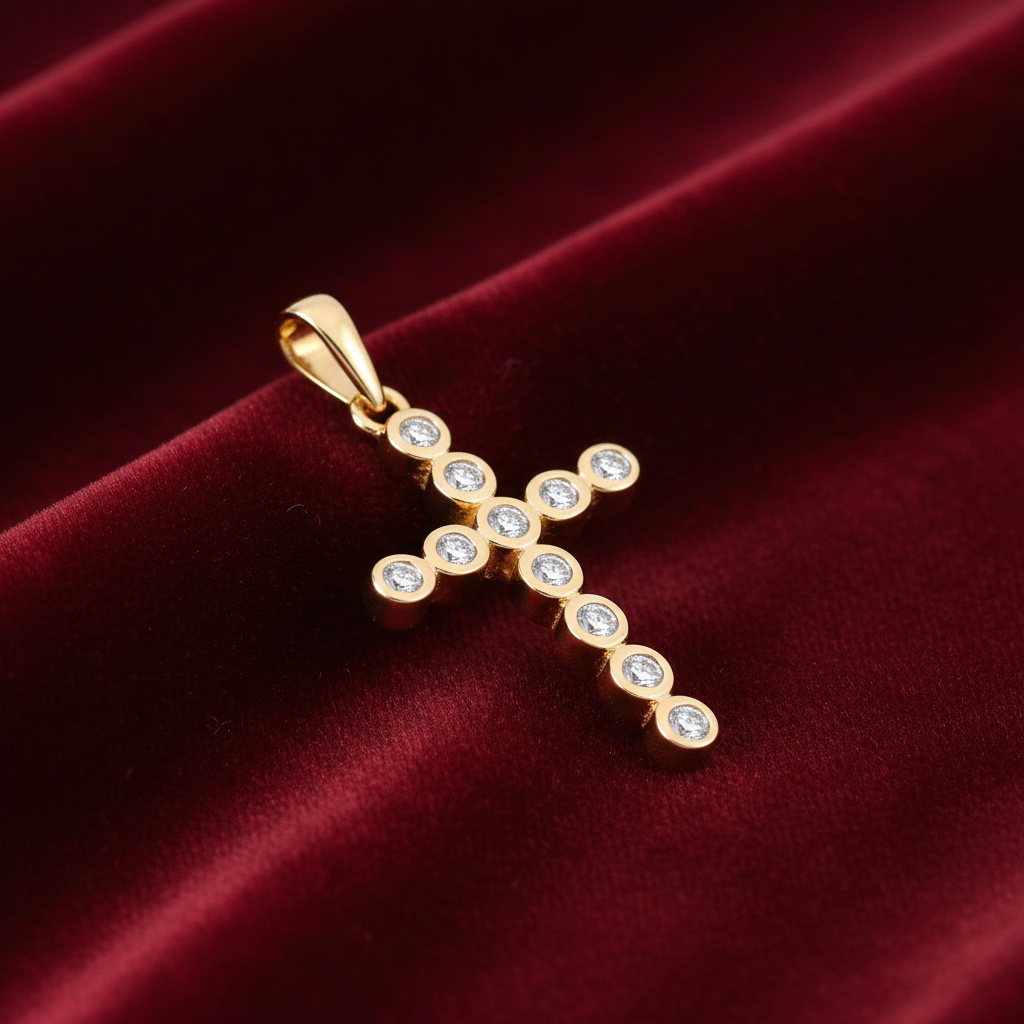 18ct Gold Zircon Cross Pendant on Solid Sterling Silver 925 Hallmark