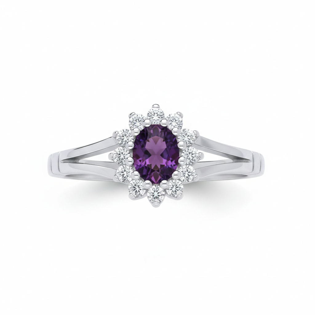Sterling Silver Amethyst Ring Oval Cluster Engagement 925 Hallmark Size K-S