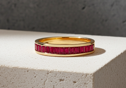 18ct Gold Ruby Baguette Eternity Ring on Solid Sterling Silver 925 Hallmarked