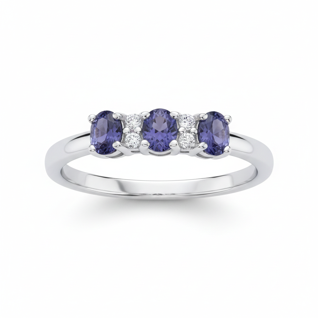 Tanzanite Three Stone Trilogy Ring Solid Sterling Silver 925Hallmark Size K-S