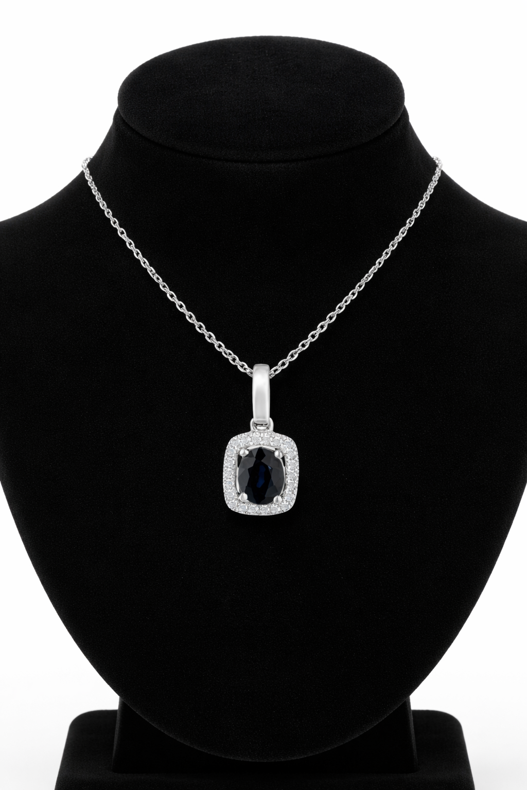 Sapphire Oval Cluster Pendant With Diamonds 9ct White Gold 18" 46cm Length Chain