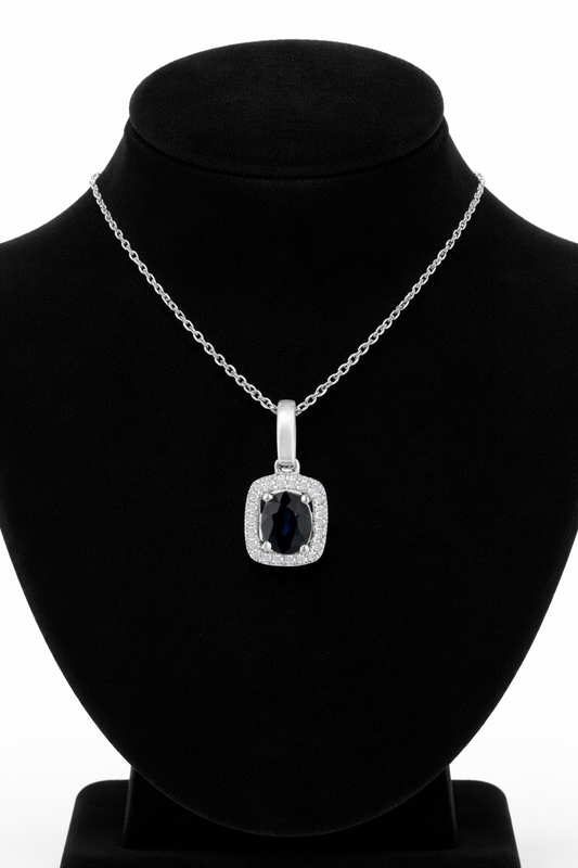 Sapphire Oval Cluster Pendant With Diamonds 9ct White Gold 18" 46cm Length Chain