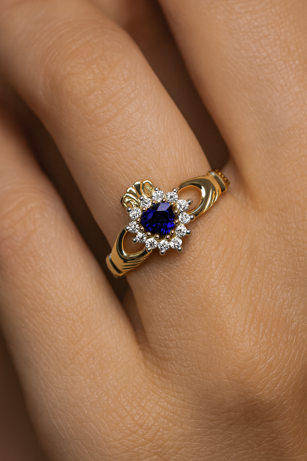 18ct Gold Sapphire Claddagh Ring on Solid Sterling Silver 925 Hallmark