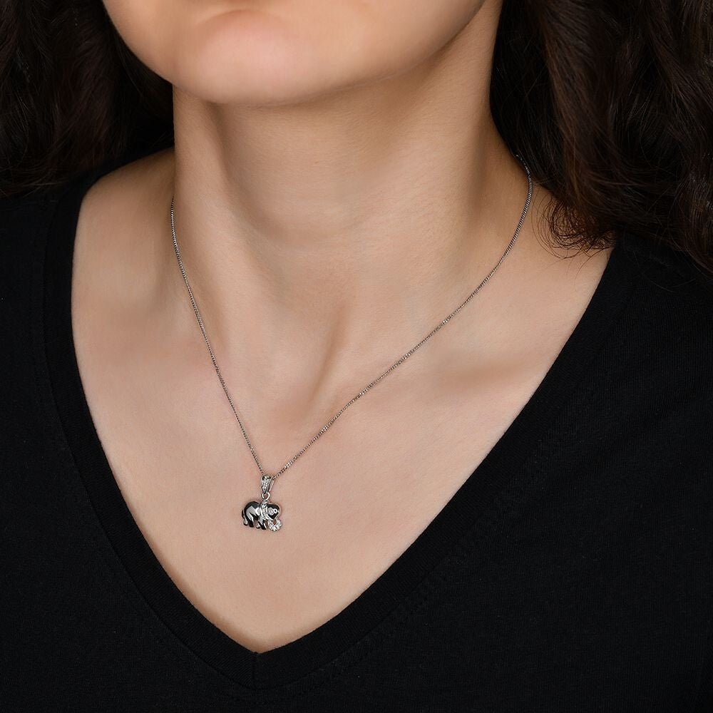 9ct White Gold 0.07ct Diamond Elephant Pendant Made in London 18" Chain