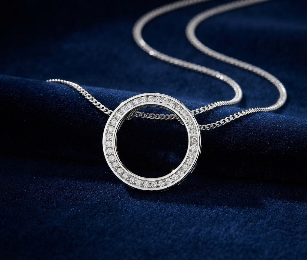 Natural Diamond Circle Pendant 18ct White Gold 18" / 45cm Chain 20mm Diameter