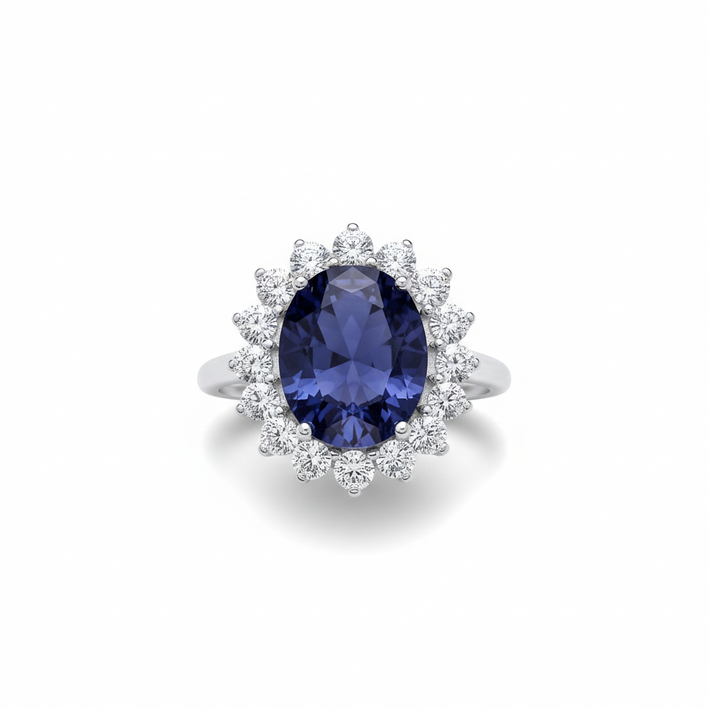 Sterling Silver Large Sapphire Ring Cluster Engagement 925 Hallmark Size K-S