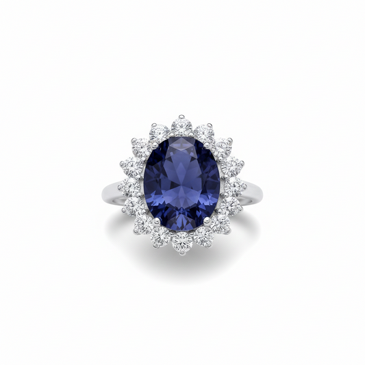 Sterling Silver Large Sapphire Ring Cluster Engagement 925 Hallmark Size K-S
