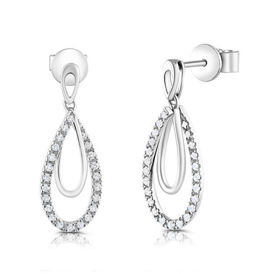 9ct White Gold Pear Drop 0.20ct Diamond Earrings 20mm Length Hallmarked