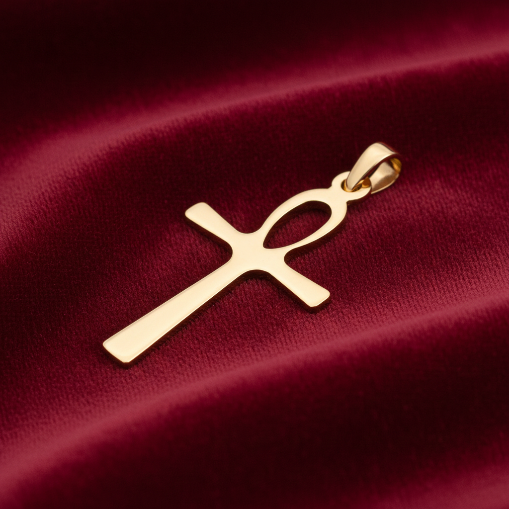 18ct Gold Ankh Cross Pendant on Solid Sterling Silver 925 Hallmark 33mm